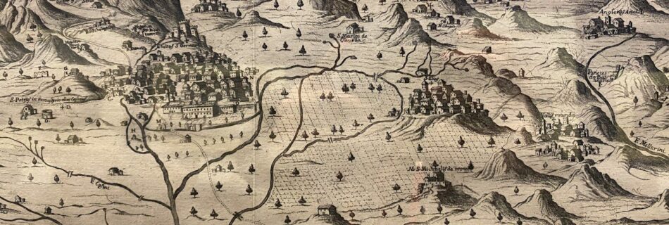 Antique map of a mountainous landscape with a river.